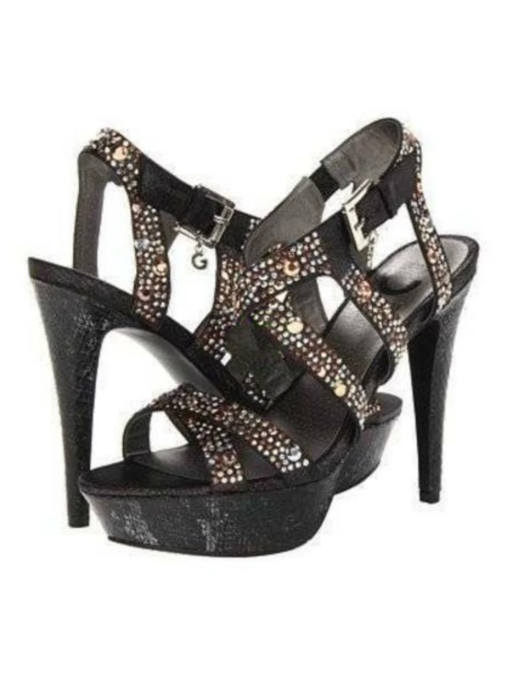Womens Platform Heels Guess Black 9 Metallic Gold Studded Fx Leather Sandals